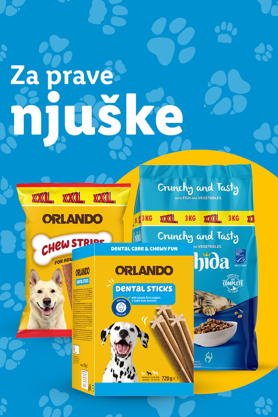 Reklama za hranu i poslastice za pse i mačke, s tekstom 'Za prave njuške'.