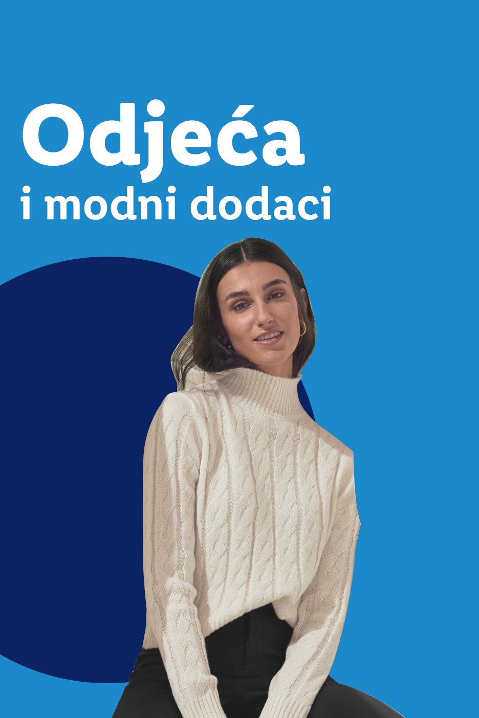 Žena u pletenom džemperu, s tekstom 'Odjeća i modni dodaci'.