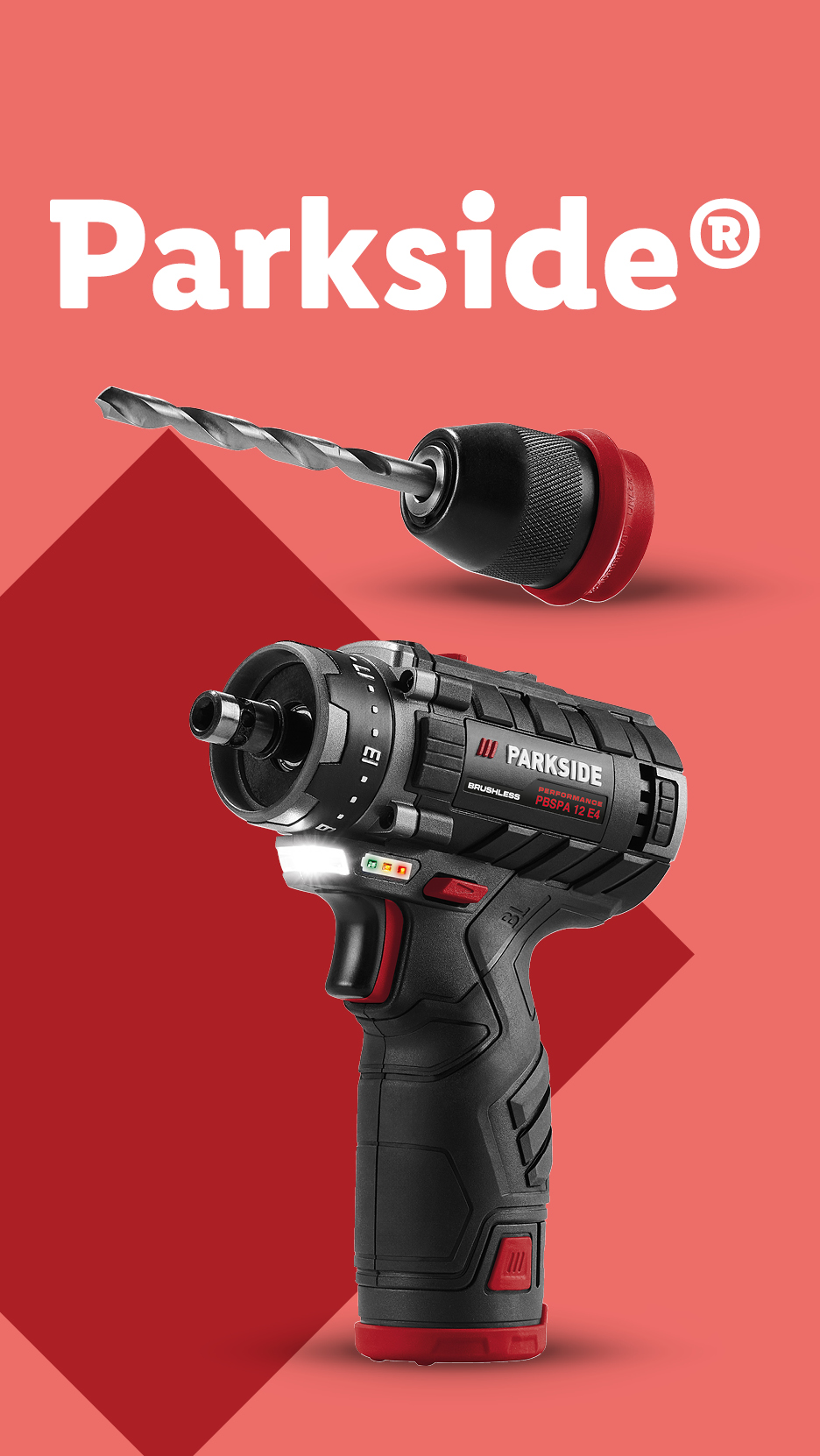 Parkside akumulatorska bušilica s nastavkom za bušenje na crvenoj pozadini.
