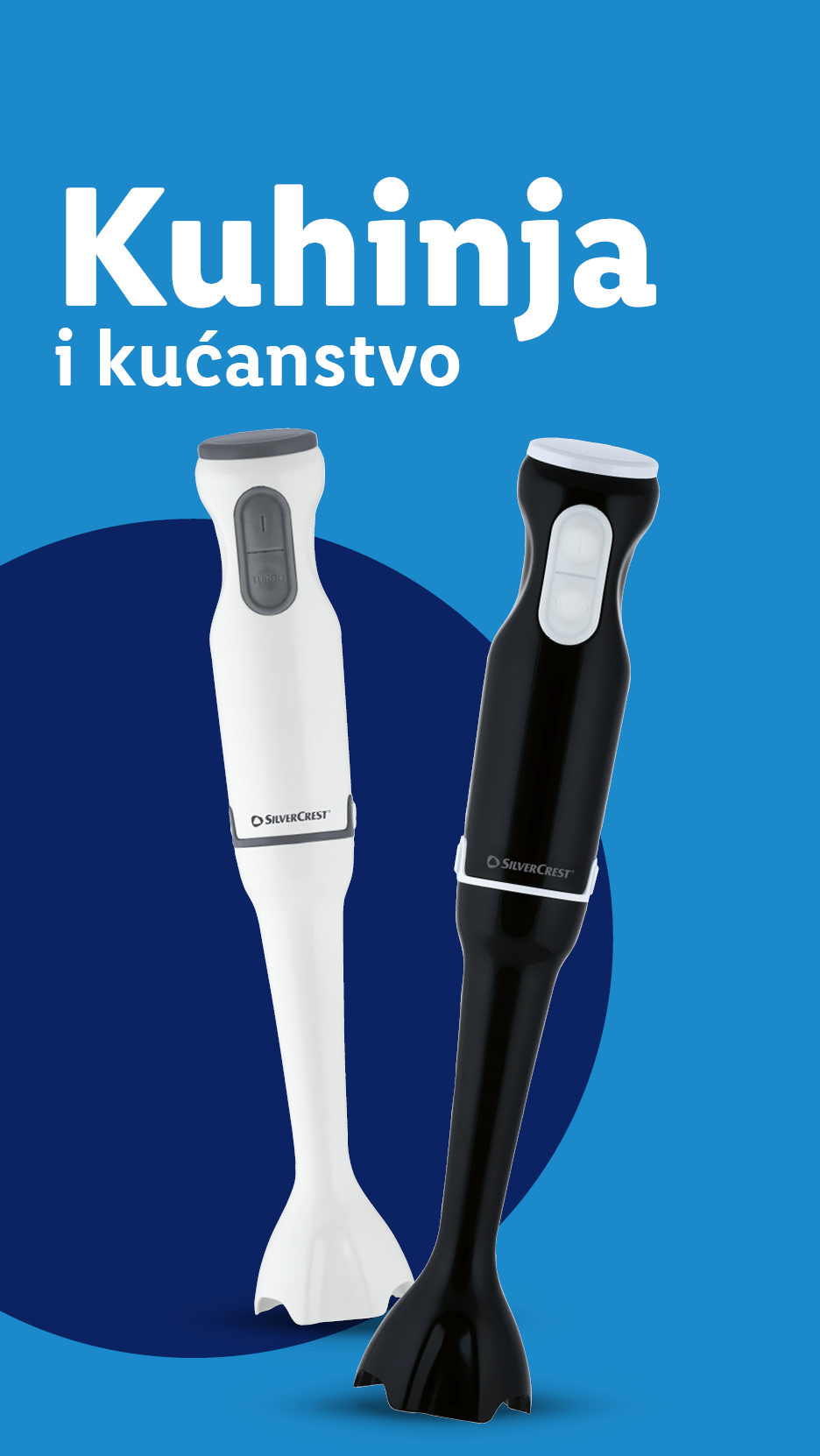 Kuhinja i kućanstvo: Dva SilverCrest štapna miksera, bijeli i crni, na plavoj pozadini.