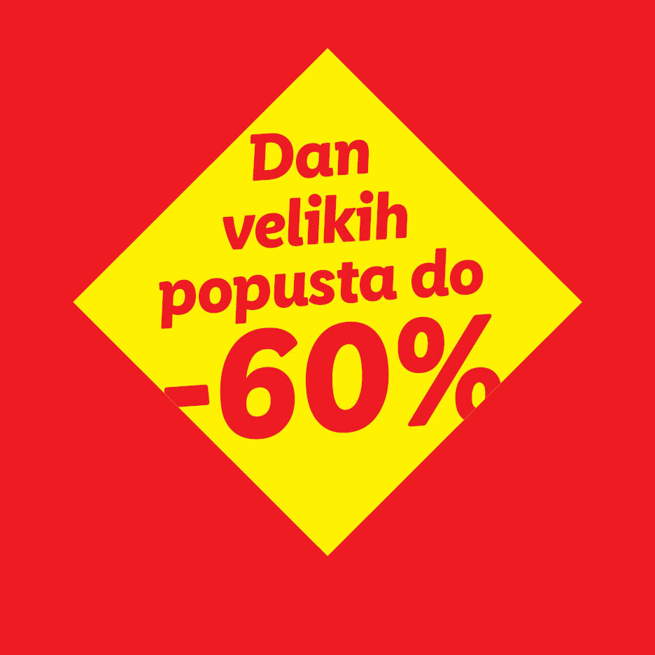 Žuti romb na crvenoj pozadini s tekstom: 'Dan velikih popusta do -60%'.