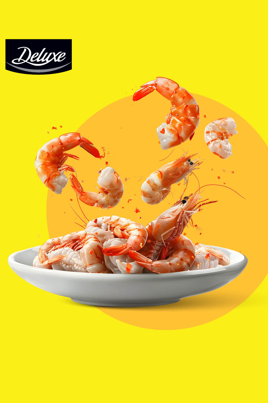 Kuhani škampi i kozice padaju u bijelu zdjelu na žutoj pozadini.