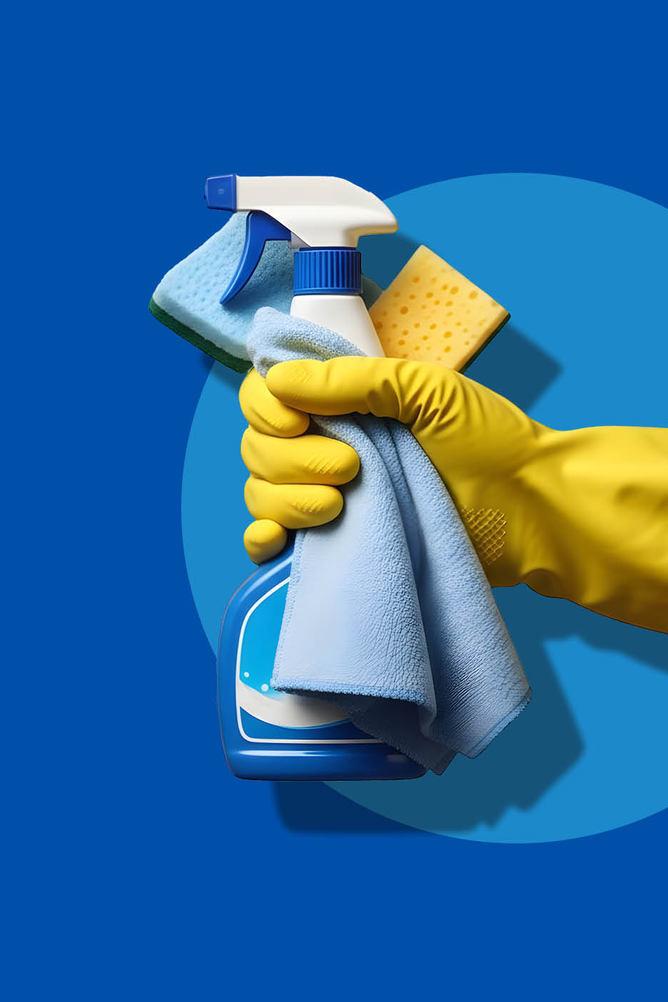 Ruka u žutoj rukavici drži bocu s raspršivačem, krpu i spužve za čišćenje.