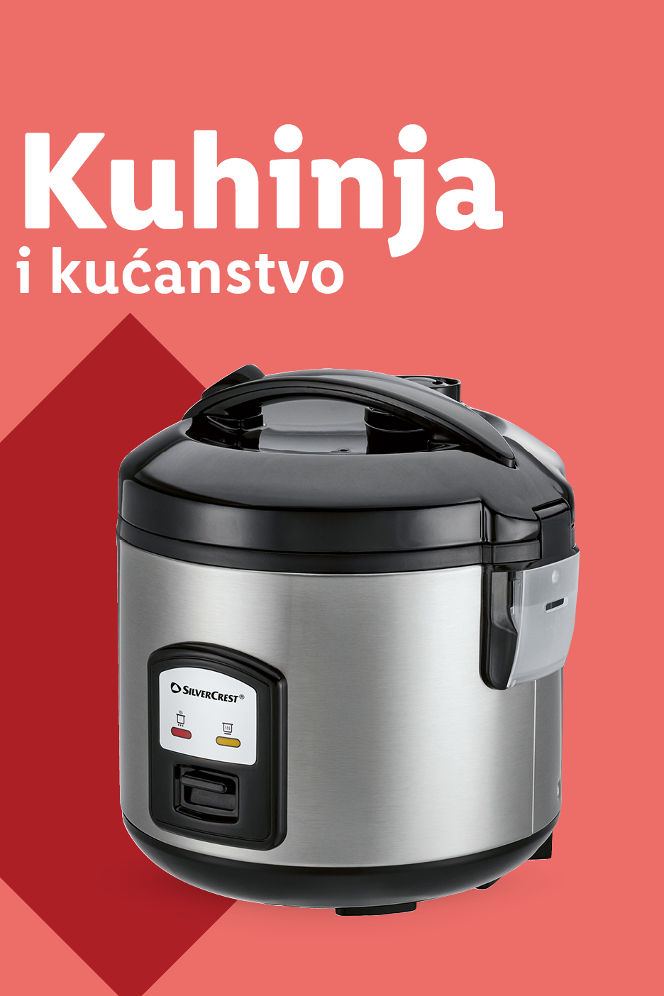 SilverCrest kuhalo za rižu na crvenoj pozadini s tekstom 'Kuhinja i kućanstvo'.