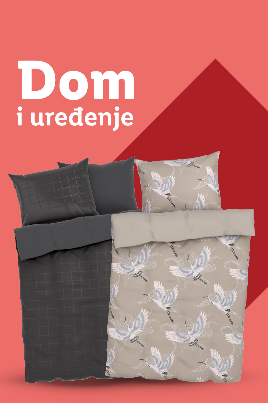 Posteljina s uzorkom ždralova i tamnosiva posteljina s kariranim uzorkom. Tekst: Dom i uređenje.