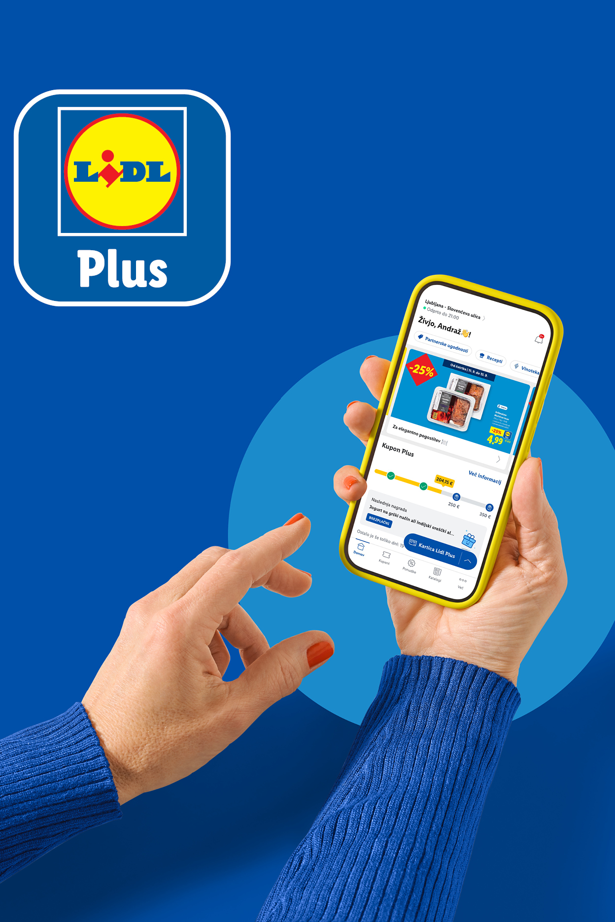 Lidl Plus aplikacija s logotipom i tekstom 'Plus' na plavoj pozadini.