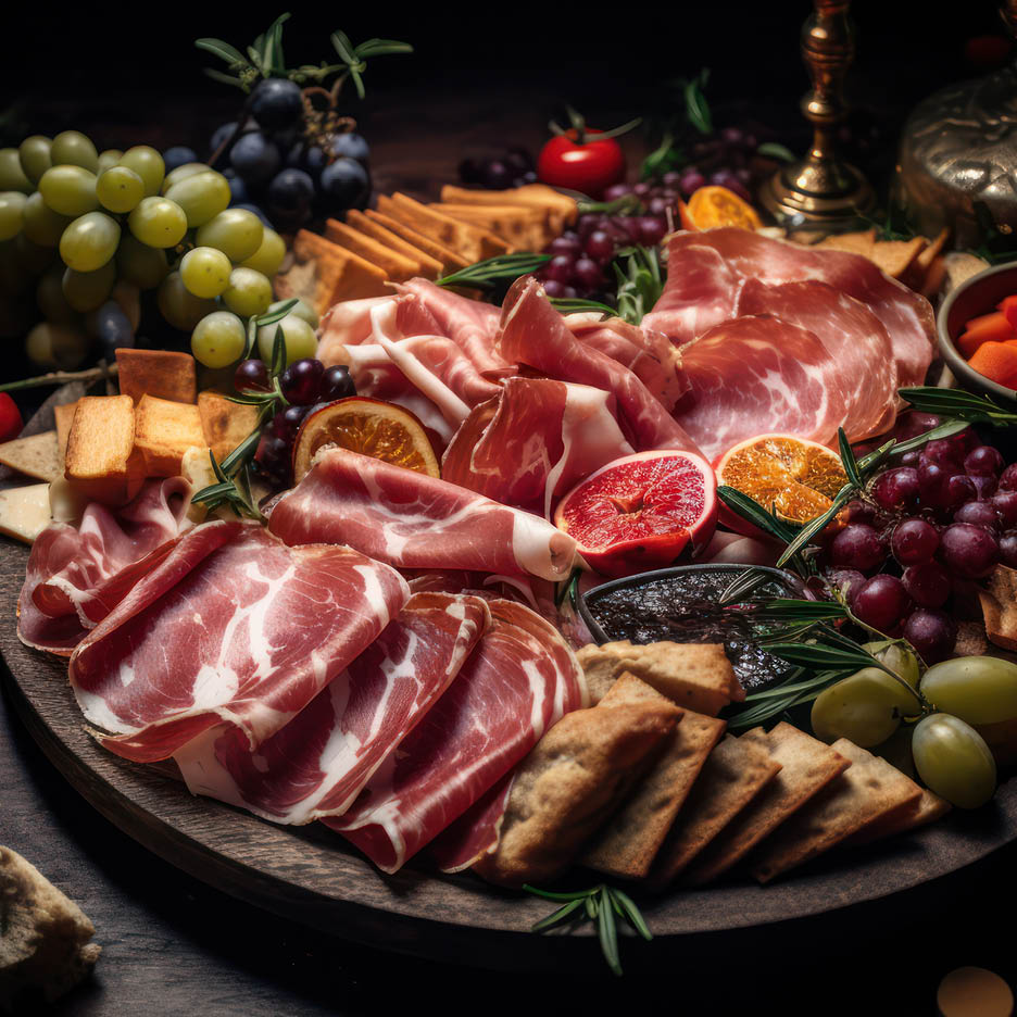 Pladanj s narescima, sirevima, grožđem i krekerima.