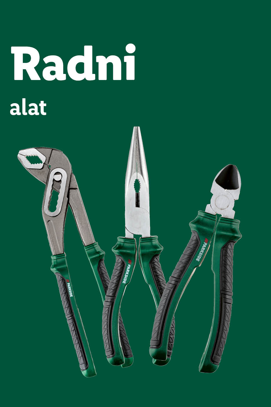 Radni alat: set kliješta Parkside na zelenoj pozadini.