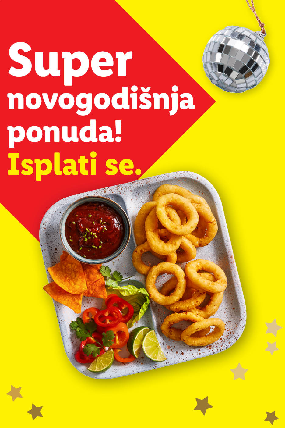 Super novogodišnja ponuda: prženi kolutići luka, umak, tortilja čips i povrće.