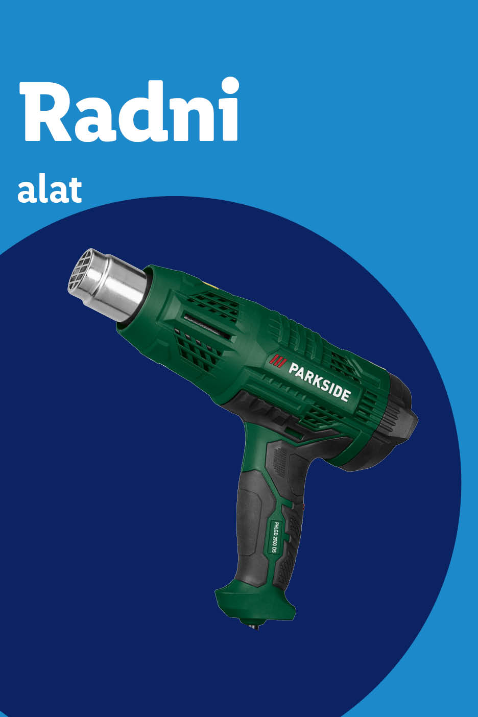 Parkside pištolj za vrući zrak na plavoj pozadini s tekstom 'Radni alat'.