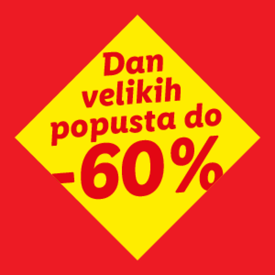 Žuti romb na crvenoj pozadini s tekstom 'Dan velikih popusta do -60%'.