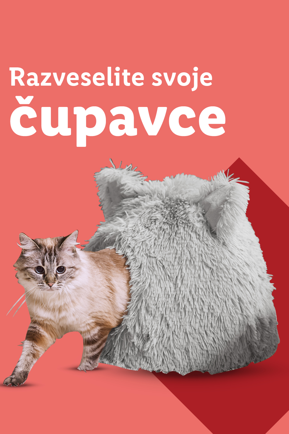 Mačka izlazi iz sive, čupave kućice za kućne ljubimce s tekstom 'Razveselite svoje čupavce'.