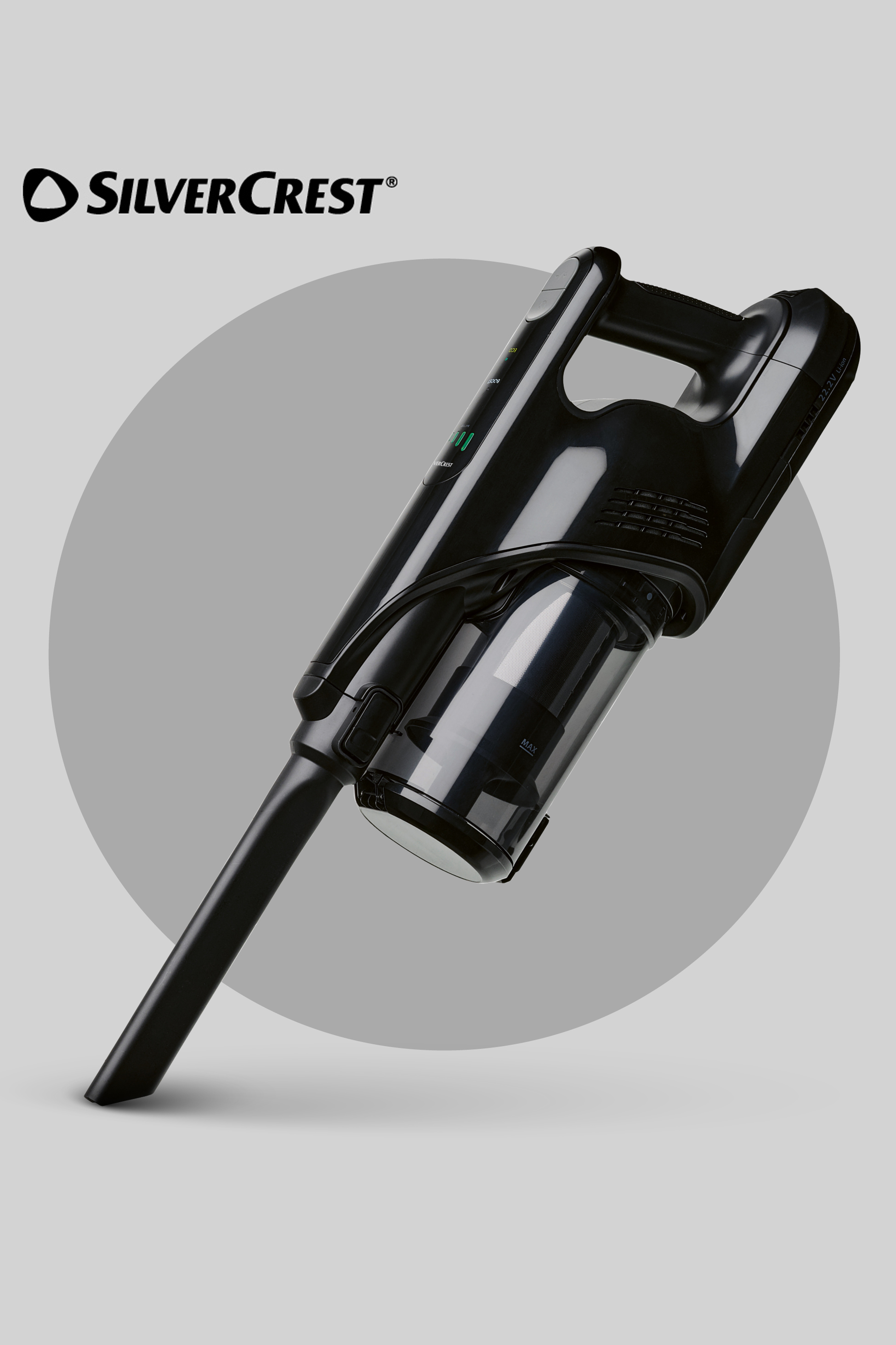 Crni ručni usisavač s prozirnim spremnikom za prašinu i logotipom SilverCrest.
