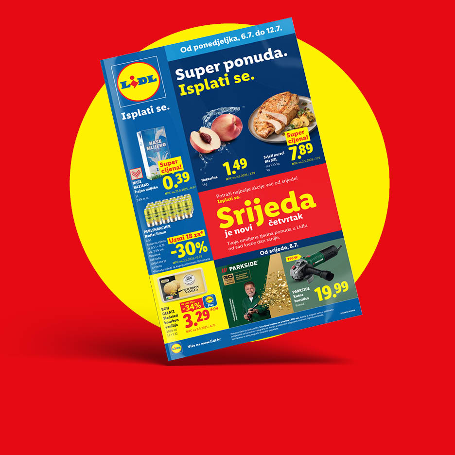 Lidlov letak s ponudama za mlijeko, nektarine, piletinu, radler, sladoled i kutnu brusilicu.