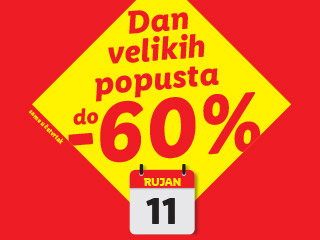 Žuti romb s natpisom 'Dan velikih popusta do -60%' i kalendarom s datumom 11. rujan.