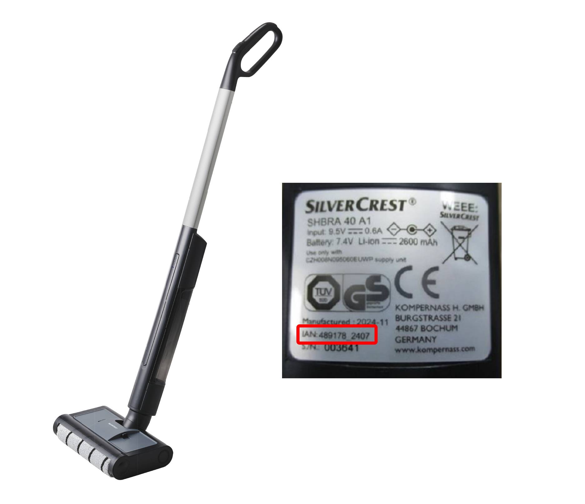 SilverCrest bežični usisavač s detaljima proizvoda na naljepnici.