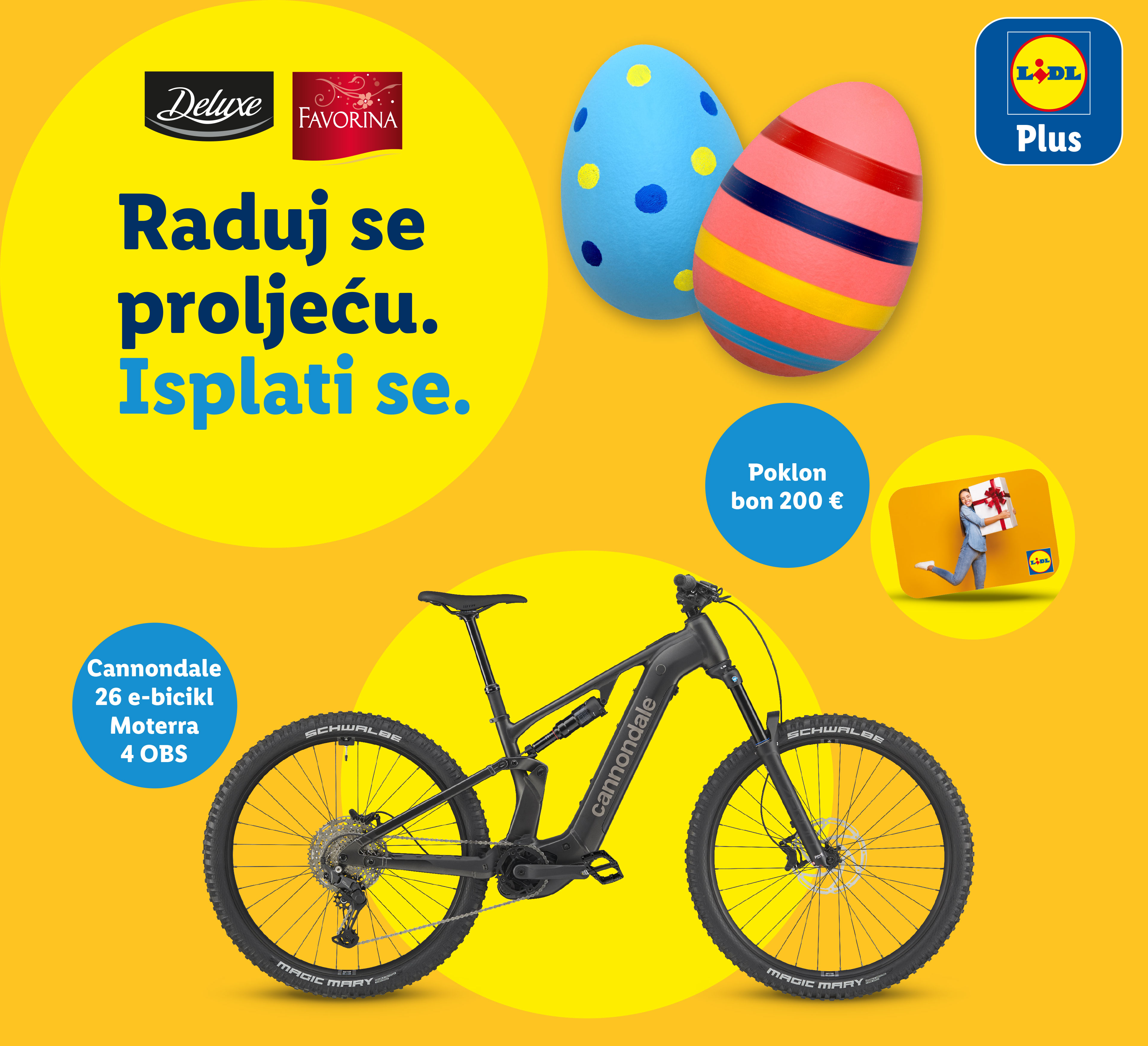Reklama za e-bicikl s poklon bonom od 200 €, uskršnjim jajima i natpisom 'Raduj se proljeću. Isplati se.'