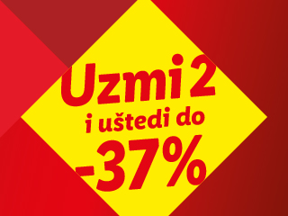 Žuti romb s natpisom 'Uzmi 2 i uštedi do -37%' na crvenoj pozadini.