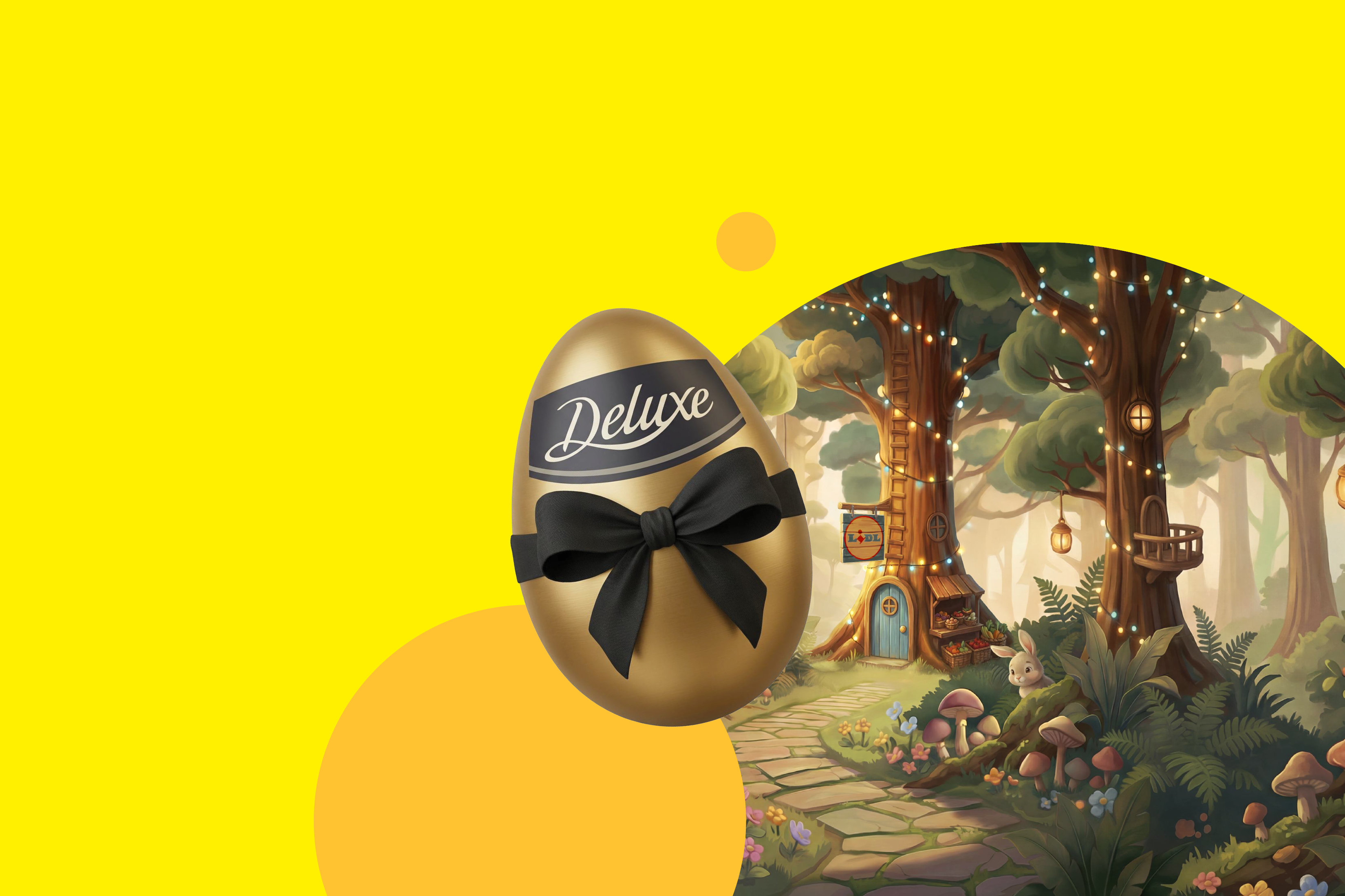 Zlatno jaje s crnom mašnom i natpisom 'Deluxe' u šumskom okruženju s kućicama na drveću.
