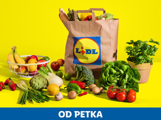 Lidl papirnata vrećica i svježe voće i povrće na žutoj pozadini.