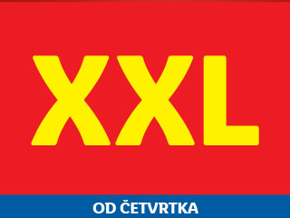 Crveni natpis s velikim žutim slovima 'XXL' i plavom trakom 'OD ČETVRTKA' na dnu.