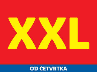 Crveni natpis s velikim žutim slovima 'XXL' i plavom trakom 'OD ČETVRTKA' na dnu.