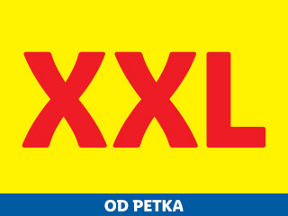 Crveni natpis 'XXL' na žutoj pozadini s plavim natpisom 'OD PETKA' ispod.