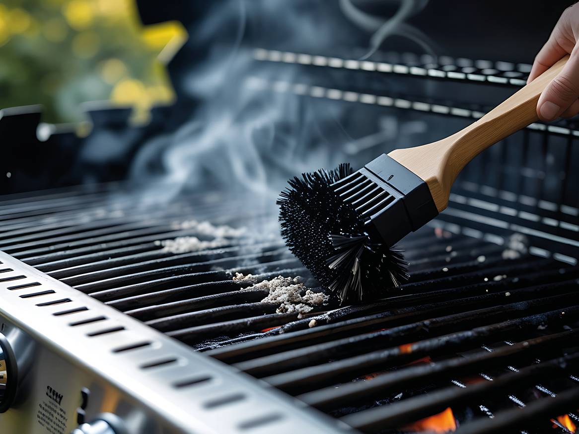 Četka za čišćenje roštilja uklanja ostatke s rešetke roštilja na otvorenom.