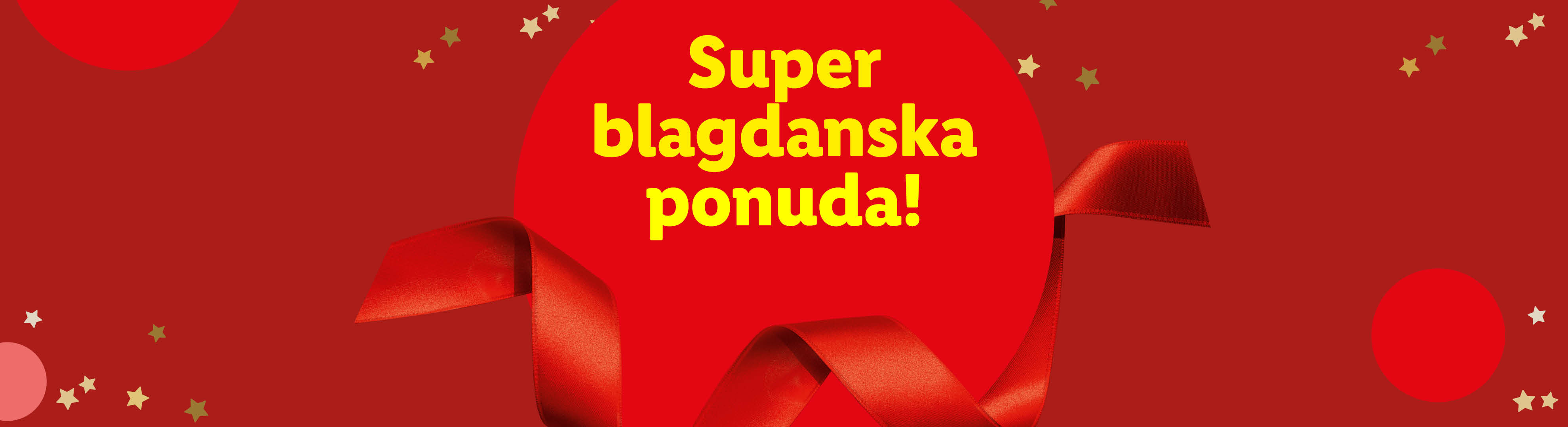 Crvena pozadina s natpisom 'Super blagdanska ponuda!' i zlatnim zvjezdicama.