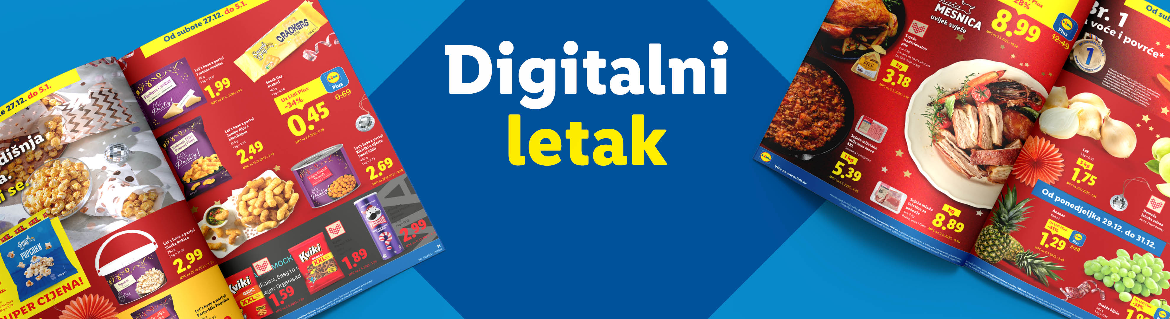 Lidlov digitalni letak s ponudom grickalica, mesa i voća.