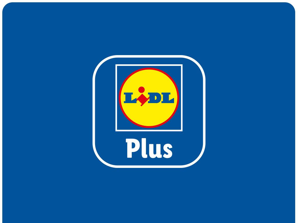 Lidl Plus aplikacija s logotipom trgovine na plavoj pozadini.