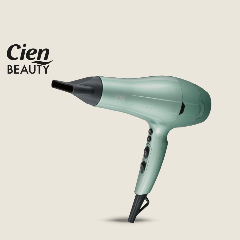 Mint zeleni sušilo za kosu s crnim mlaznicama i gumbima, s logotipom Cien Beauty.