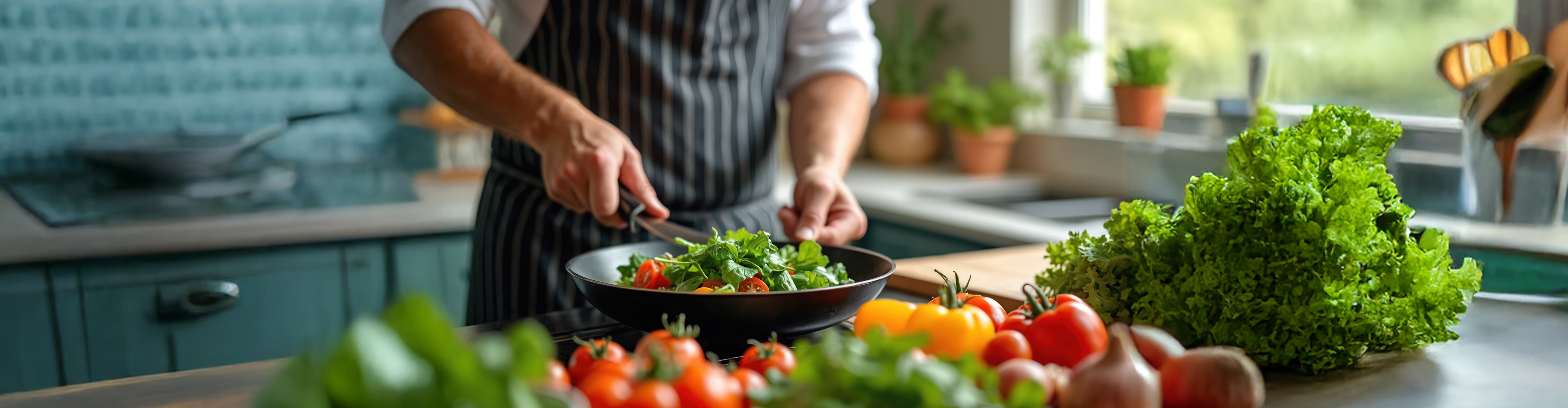 Kuhar u prugastoj pregači priprema salatu od rikule i rajčice u tavi.