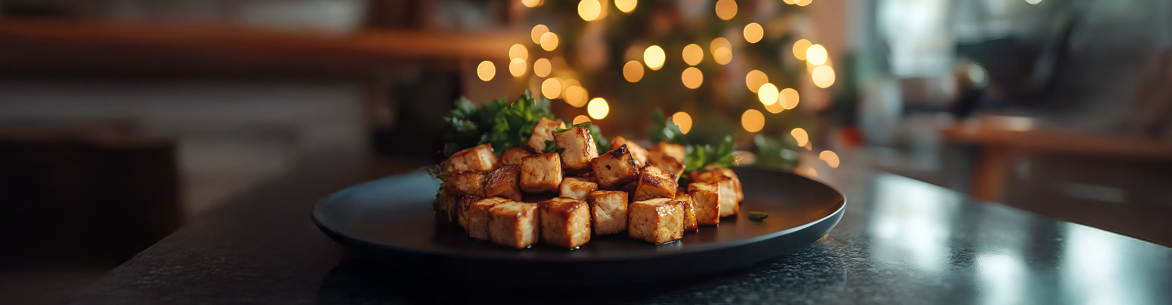 Prženi tofu s peršinom na crnom tanjuru, s božićnim lampicama u pozadini.