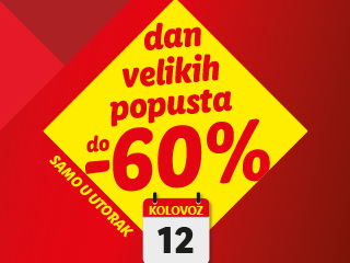 Žuti romb s natpisom 'dan velikih popusta do -60%' i kalendarom s datumom 12. kolovoza.