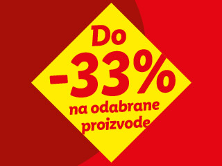Žuti romb s natpisom 'Do -33% na odabrane proizvode' na crvenoj pozadini.