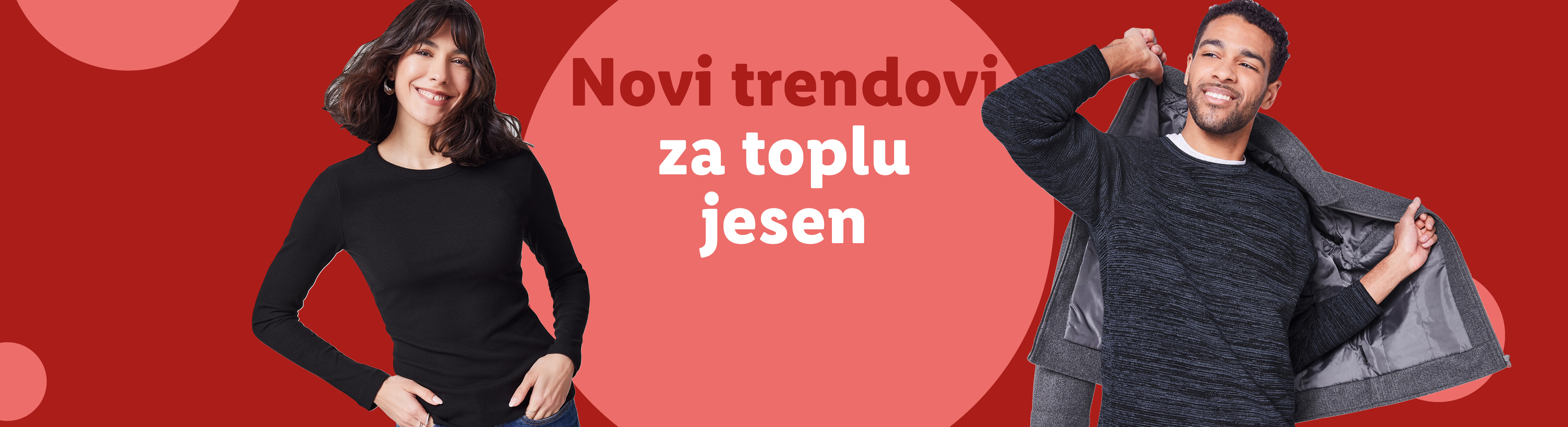 Žena u crnoj majici i muškarac u sivoj jakni s natpisom 'Novi trendovi za toplu jesen'.