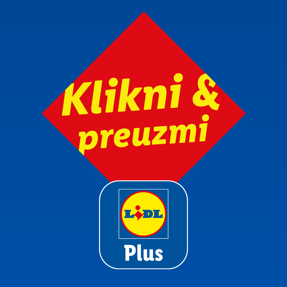 Crveni romb s tekstom 'Klikni & preuzmi' i logotipom 'Plus' na plavoj pozadini.