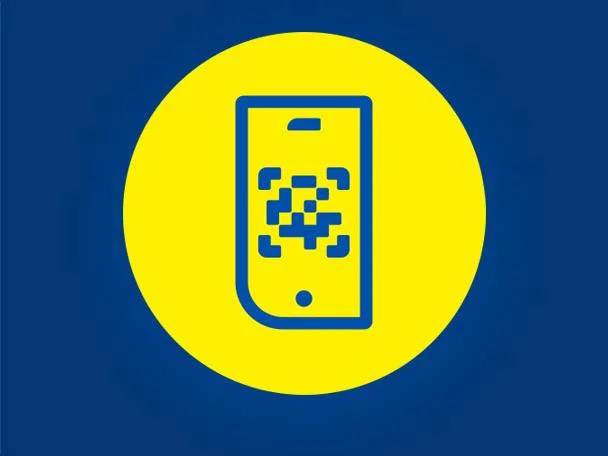 Ikona pametnog telefona sa QR kodom na žutom krugu.