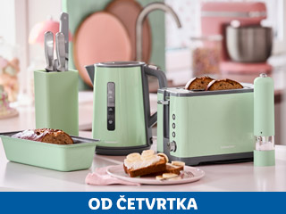 Kuhinjski uređaji i pribor u mint zelenoj boji, uključujući toster, kuhalo za vodu i posuđe.