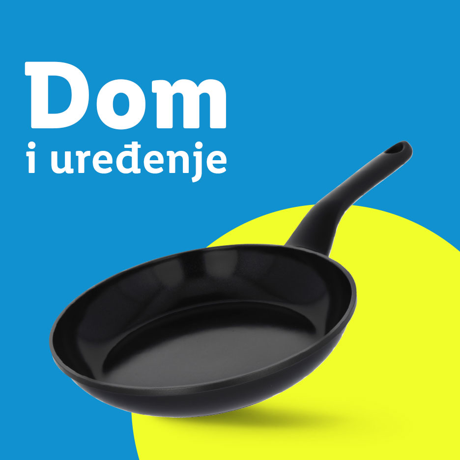 Crna tava za prženje na plavoj i žutoj pozadini s tekstom 'Dom i uređenje'.