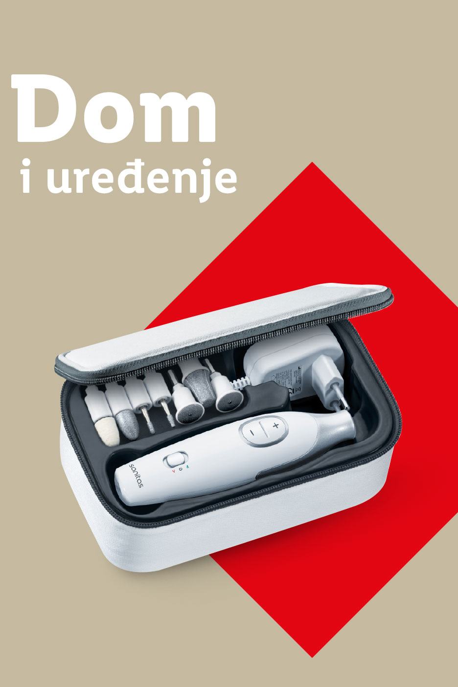 Set za manikuru i pedikuru u torbici, s natpisom 'Dom i uređenje'.