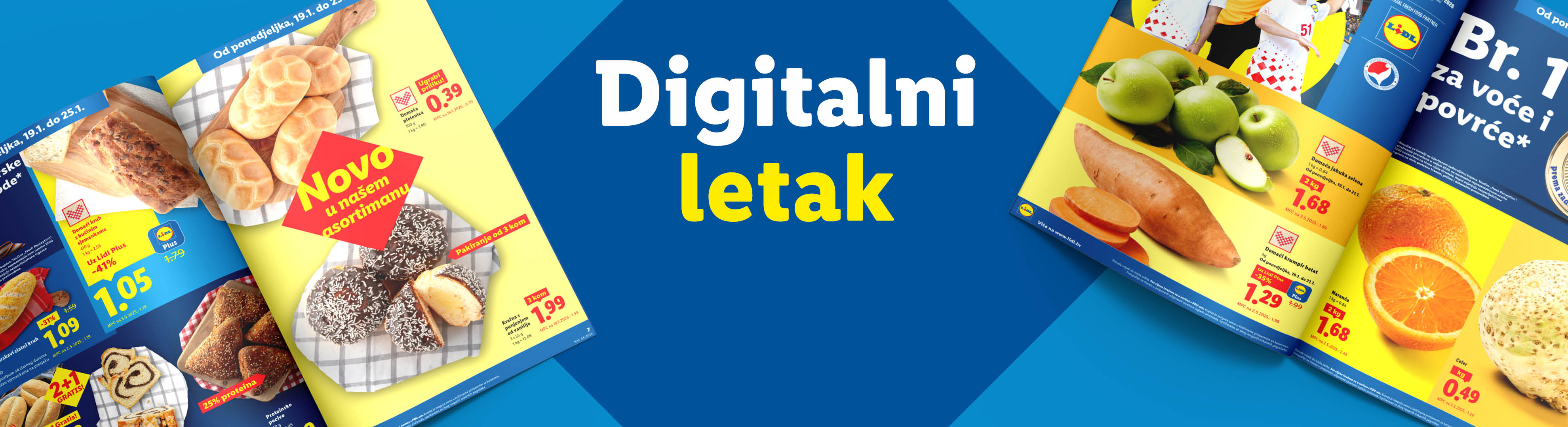Digitalni letak s ponudom kruha, peciva, voća i povrća.