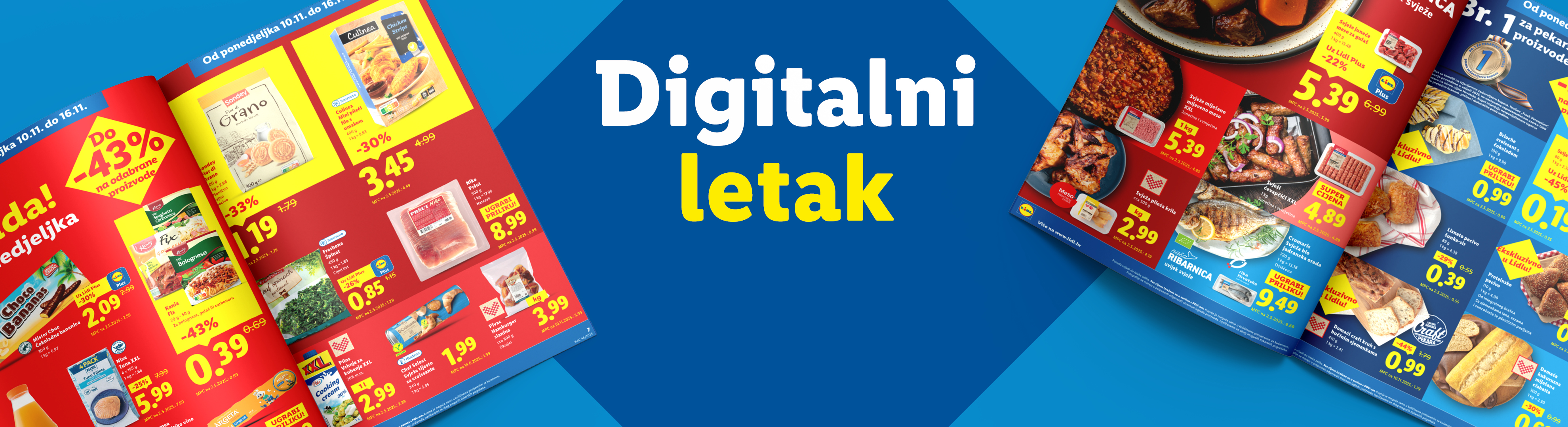 Lidl digitalni letak s ponudama mesa, peciva i drugih prehrambenih proizvoda.