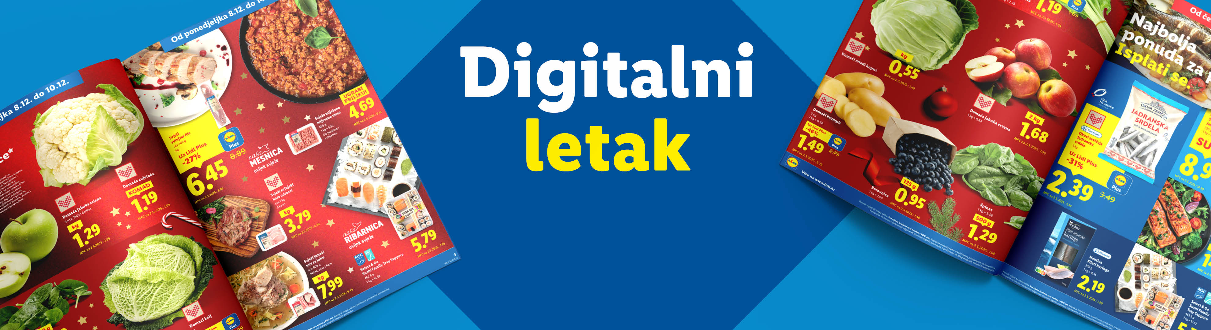 Lidl digitalni letak s ponudom svježeg mesa, ribe, voća i povrća, uključujući kupus, jabuke i sushi.