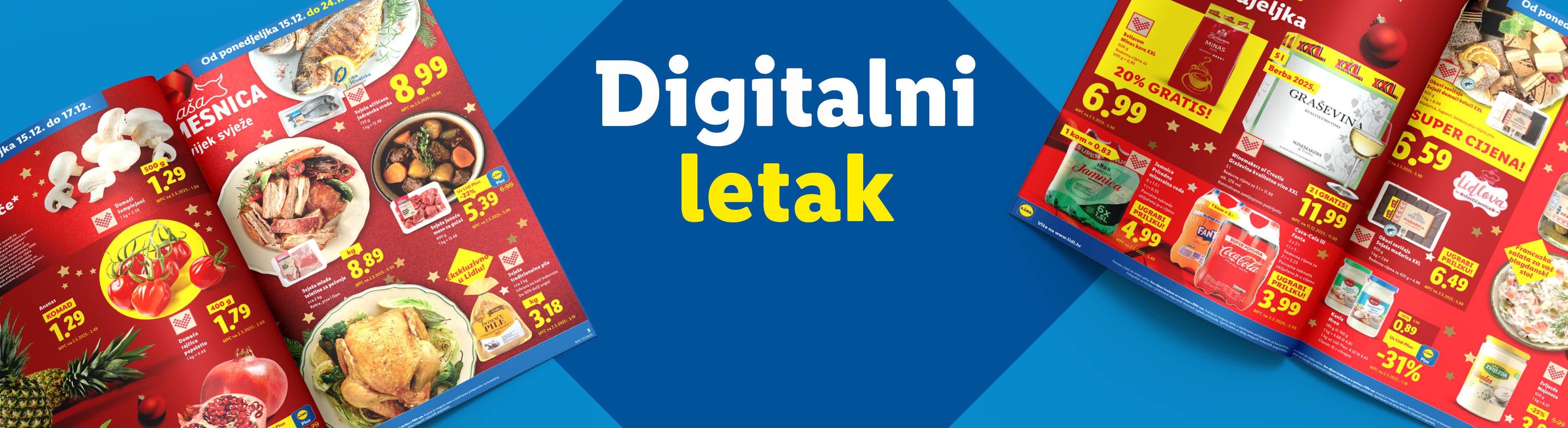 Lidl letak s ponudom svježeg mesa, ribe, voća i povrća, pića i slatkiša.