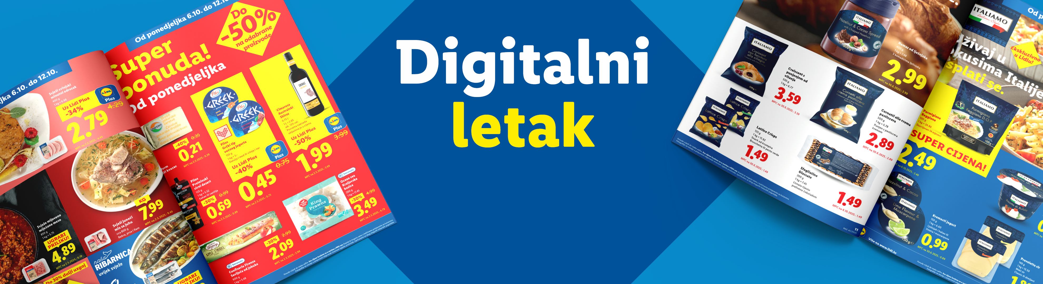 Digitalni letak s ponudama za svinjetinu, grčki jogurt, vino, talijanske grickalice i tjesteninu.