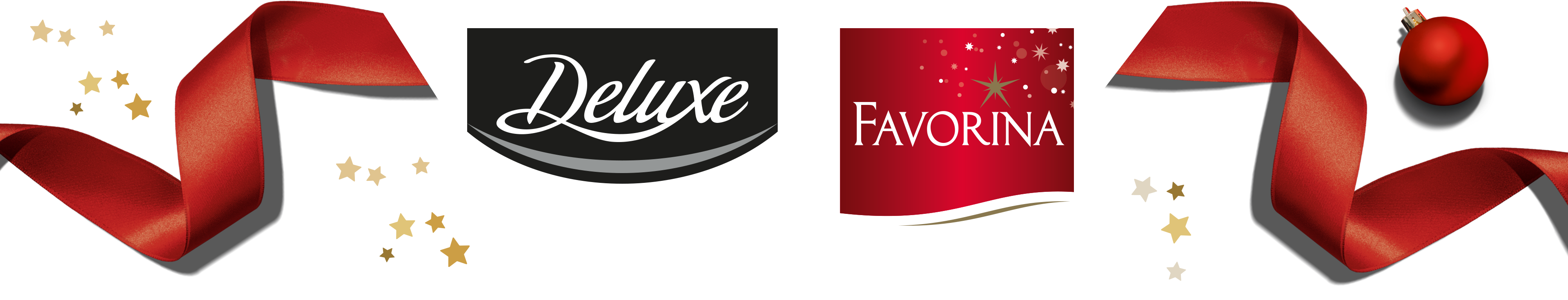 Crvena vrpca, božićna kuglica, zlatne zvijezde i logotipi Deluxe i Favorina.