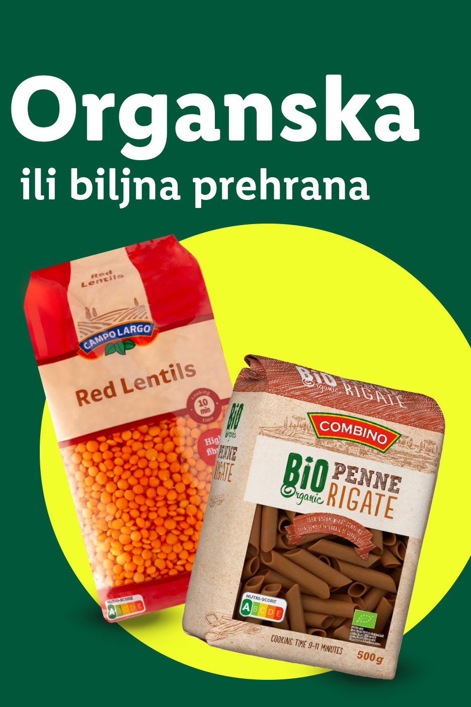 Pakiranja crvene leće i organske tjestenine, s natpisom 'Organska ili biljna prehrana'.