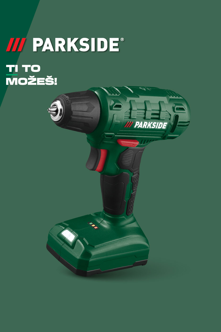 Akumulatorska bušilica-odvijač u zelenoj boji s natpisom 'TI TO MOŽEŠ!'.